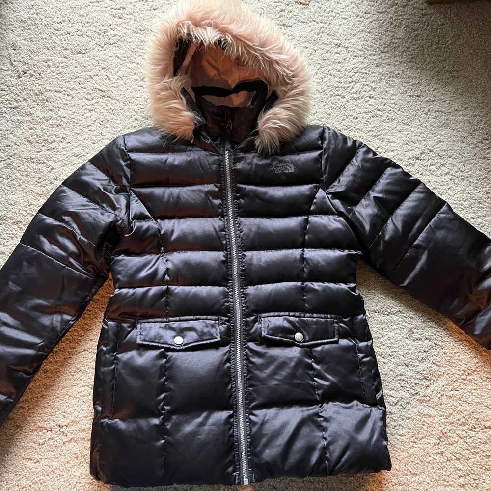 The North Face girls XL coat - grey with pink faux fur on hood